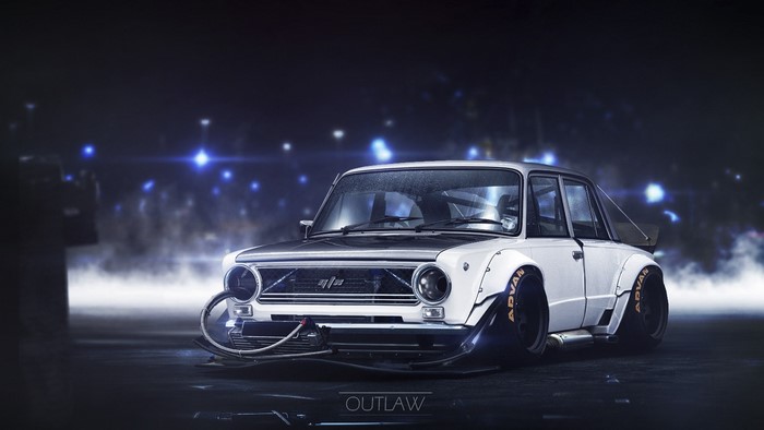Modified white Lada 2101 with widebody kit