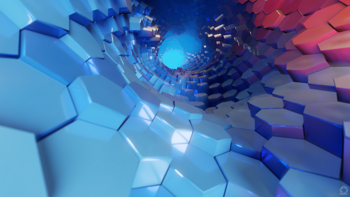 Abstract Hexagonal Tunnel with Cyan and Red Lighting