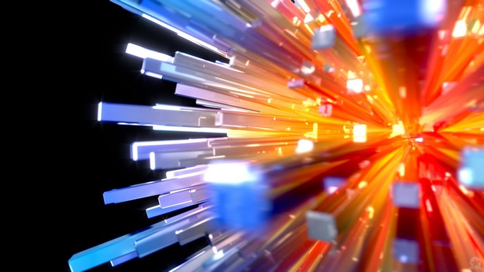 Abstract explosion of colorful light beams and cubes