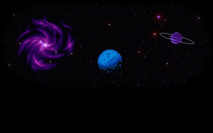 Pixel art space scene with galaxy, planet, and stars