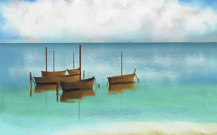 Digital painting of boats on the sea with clouds