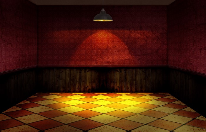 Red room with lamp and checkered floor