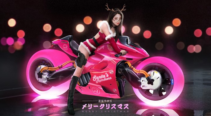 Woman in Santa Outfit on Pink Motorcycle