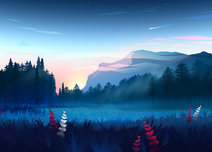 Digital art of a colorful mountain forest at sunset