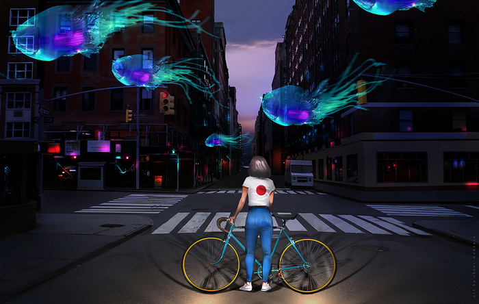 Woman with bicycle and jellyfish in city street