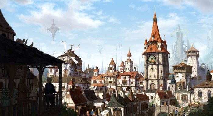 Fantasy city with clock tower and windmills