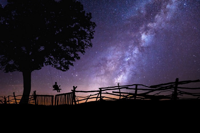 Silhouette of a person on a swing under a tree against the Milky Way