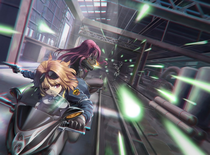 Girls Frontline fan art: Two women on a motorcycle in a battle