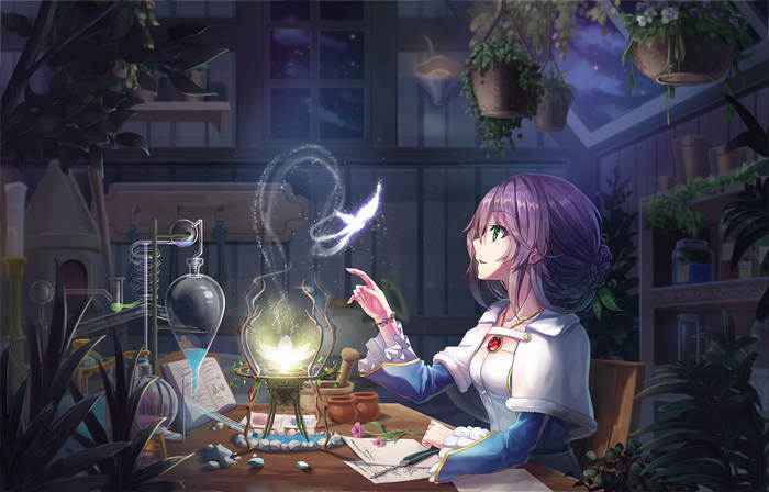 Anime girl in laboratory with magical glowing flower