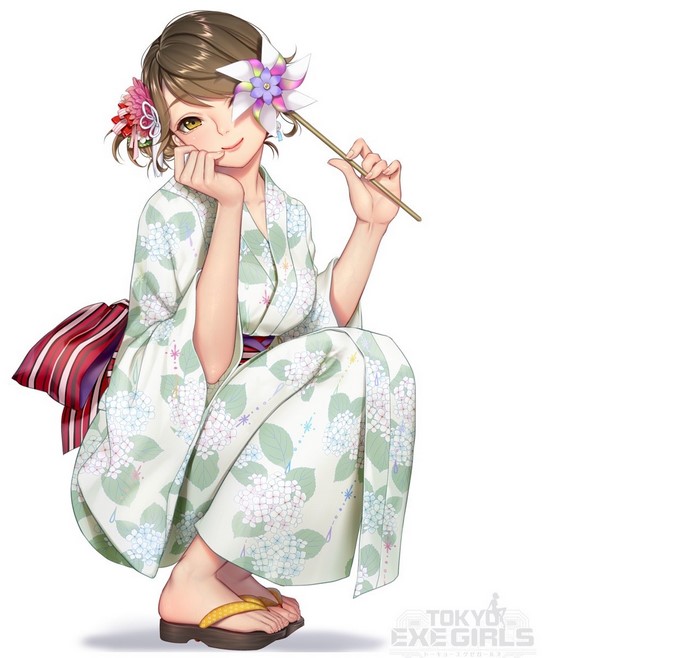 Anime girl in yukata holding a pinwheel
