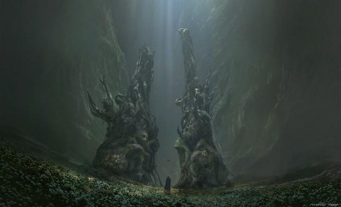 Fantasy art of ancient stone figures in a misty forest