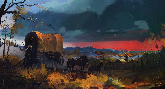 Covered wagon and horses in a stormy landscape