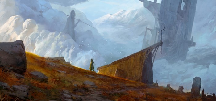 Fantasy art of giants and ruins in the clouds