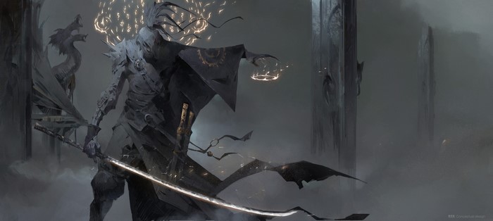 Fantasy samurai with katana and dragon statue