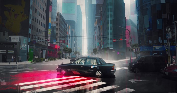 Pikachu billboard over a rainy Tokyo street with a taxi