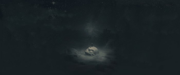 A lone figure stands on a giant skull under a starry sky