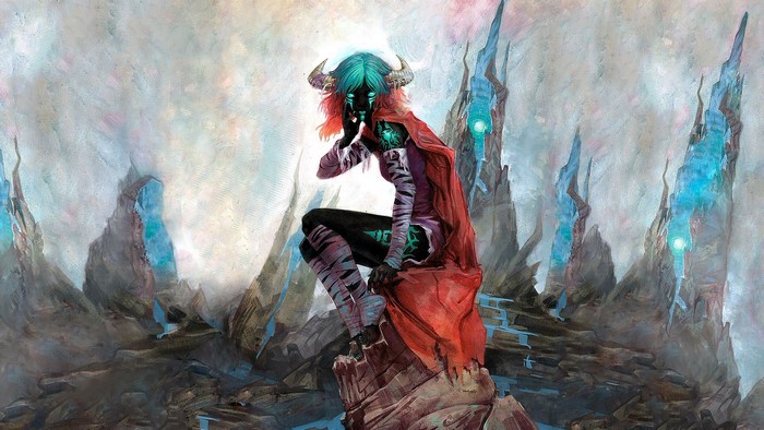 Dota 2 artwork of a demon with cyan hair and horns