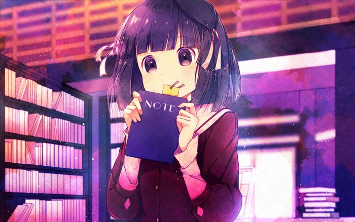 Anime girl with purple eyes holding a notebook