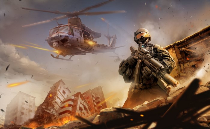 Soldier and helicopter in a war-torn city