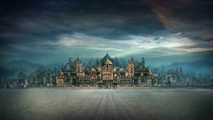 Digital art of a fantasy city with temples and domes