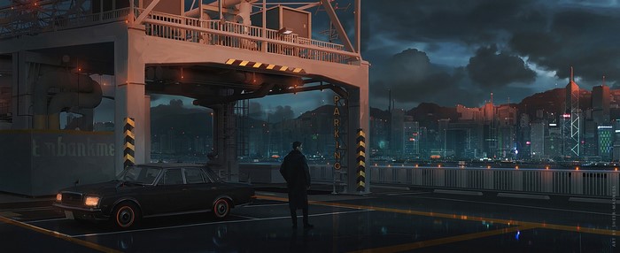 Man standing by a car at a parking lot with a city skyline