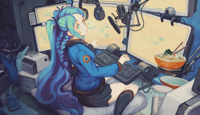Anime girl with blue hair at computer with ramen