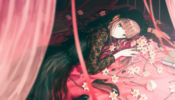 Anime girl in black lace dress with flowers and makeup