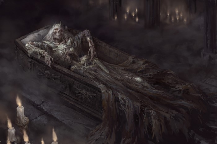 Skeleton King in a Coffin with Candles