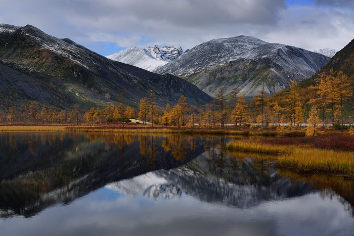 Autumnal Mountain Lake Reflection in Russia