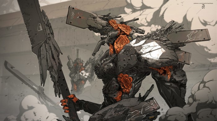 Mechs with large swords in a desolate environment