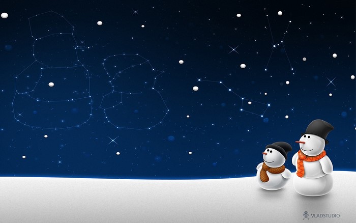Snowmen looking at constellations in the night sky