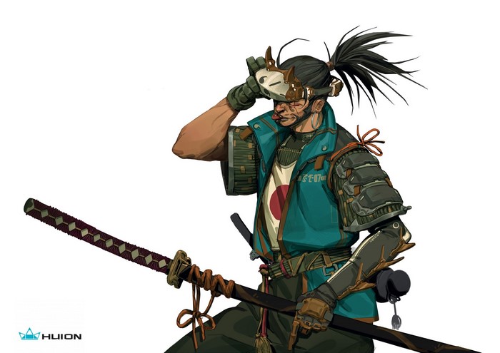 Samurai warrior with katana and mask