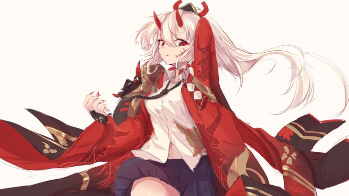 Anime girl with white hair, red horns, and red kimono