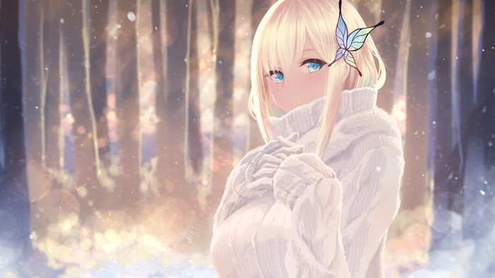 Anime girl with blonde hair and blue eyes in a snowy forest