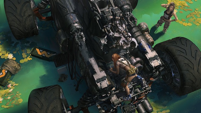 Women working on a futuristic vehicle in a swamp