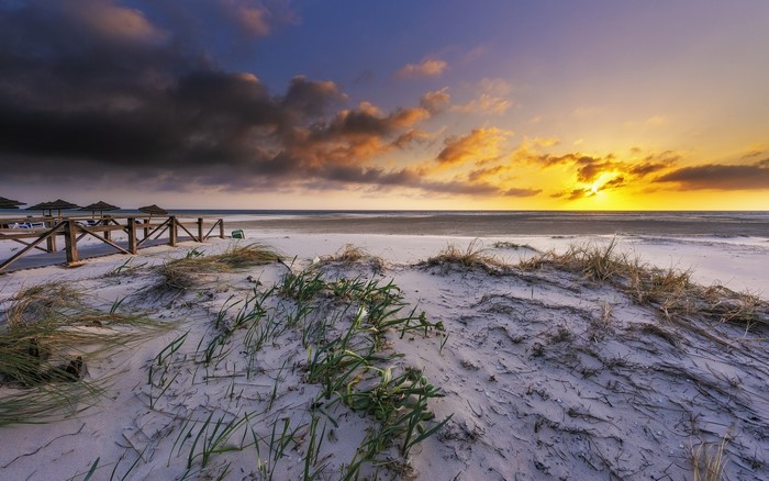 Beach boardwalk with sand dunes and sunset sky