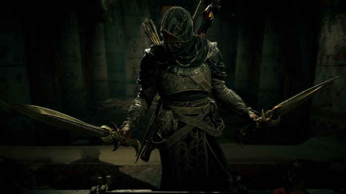 Bayek from Assassin's Creed: Origins holding daggers