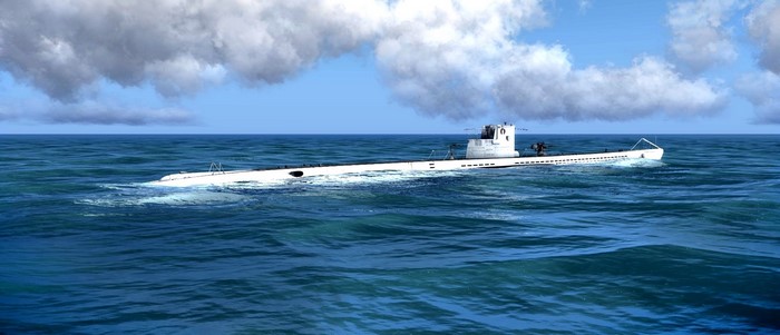 White submarine sailing on the sea under clouds