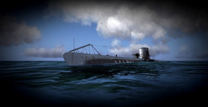 Submarine sailing on the sea under cloudy sky