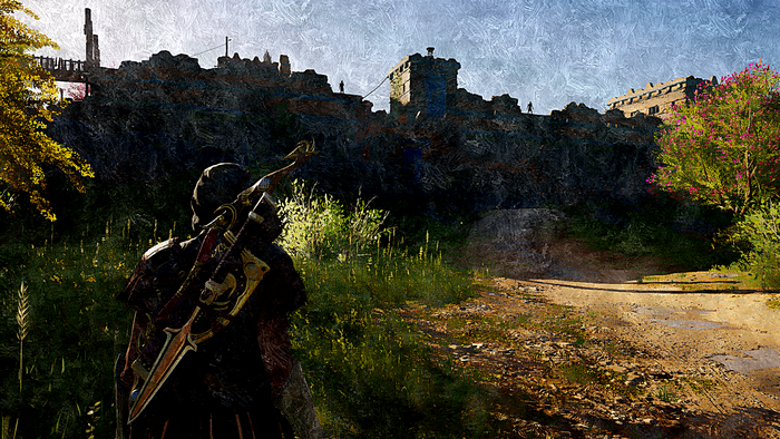 Assassin's Creed Odyssey: Character with Sword near Fortress