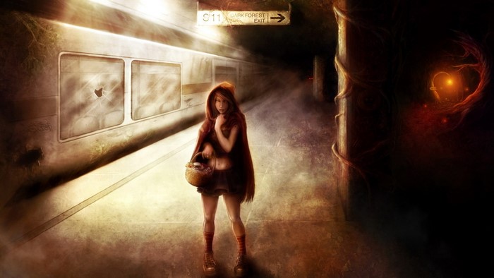 Little Red Riding Hood in a dark subway station
