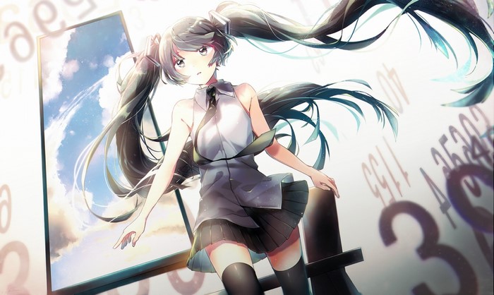 Anime girl with long dark hair and numbers background