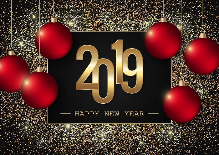 Happy New Year 2019 with Red Ornaments