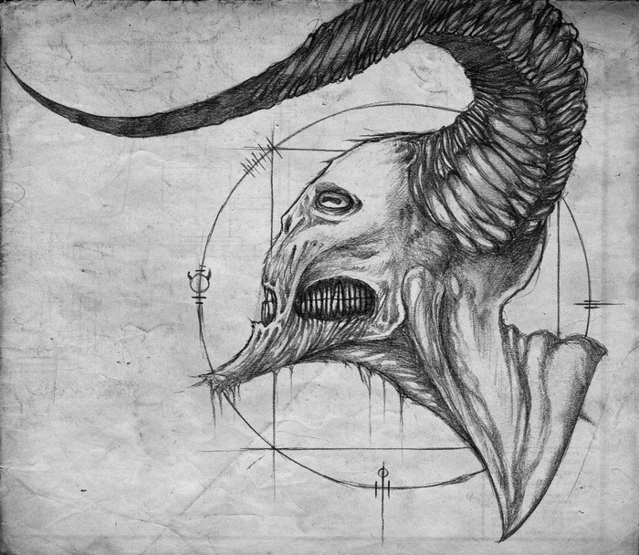 Pencil drawing of a demonic creature with horns