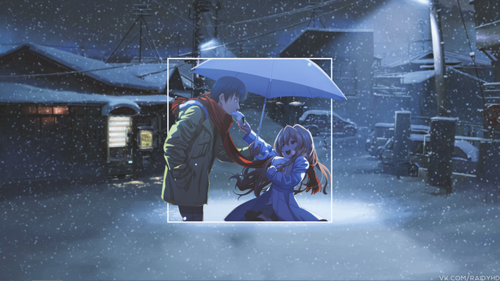 Anime couple sharing an umbrella in the snow