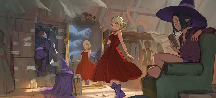 Anime girls in a witch's room trying on dresses