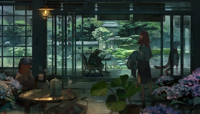 Anime characters in a rainy Japanese garden