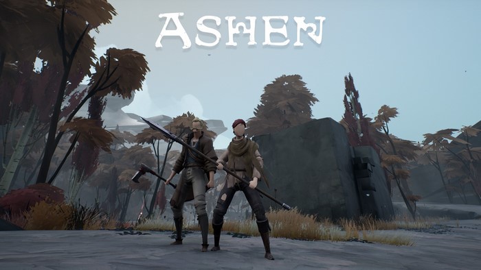 Ashen video game title screen with two characters