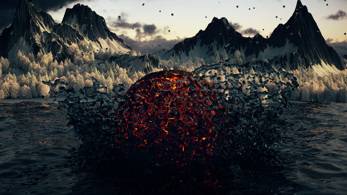 Molten sphere erupting in water with snowy mountains