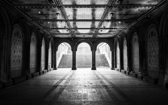 Bethesda Terrace arches and stairs in Central Park, New York City